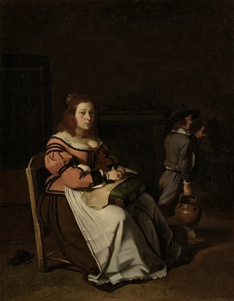 A lady sewing lace in an interior av Michael Sweerts
