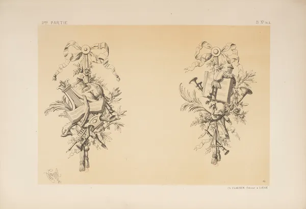 Trophées, bois sculpté; style Louis XVI av Michel Liénard