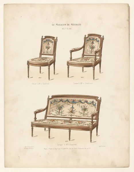 Chaise L. XVI à Gaudrons ; Fauteuil L. XVI à Gaudrons ; Canapé L. XVI à Gaudrons av Victor Léon Michel Quétin