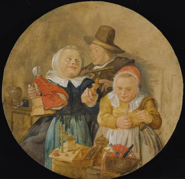 An Interior With A Man Holding A Flute, And Two Children Playing With Their Toys av Jan Miense Molenaer