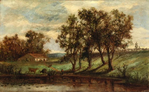 Untitled (man with cows grazing near pond with house and trees in background) av Edward Mitchell Bannister