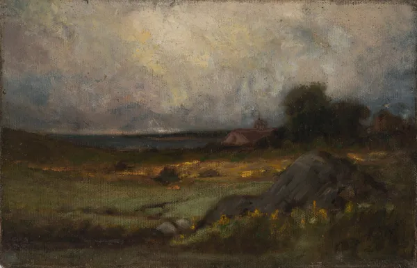 Untitled (landscape with rock in foreground and roof with steeple, lake in background) av Edward Mitchell Bannister