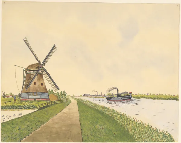 Links watermolen De Spin. Op de Markervaart een stoomboot av Johannes Nicolaas Eijman