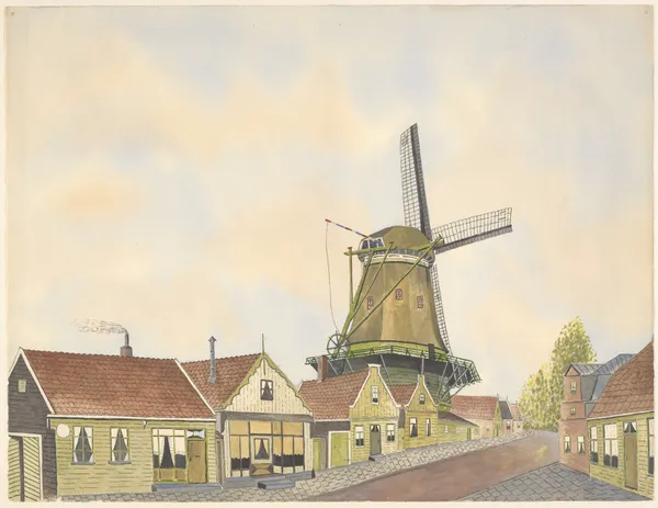Meelmolen De Dood en houten huizen aan de Lagedijk av Johannes Nicolaas Eijman