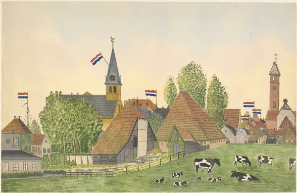 Mei 1945, de Nederlandse vlag wappert op de daken. l. de Ned-Herv-kerk, r. de rk-kerk, vanuit het noordwesten, met een gedeelte van het Krommenieerpad av Johannes Nicolaas Eijman