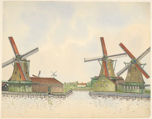 molens; De Kogmeeuw, De Poelsnip, De Zeemeeuw en De Oude-Zwan aan ‘t Kalf av Johannes Nicolaas Eijman