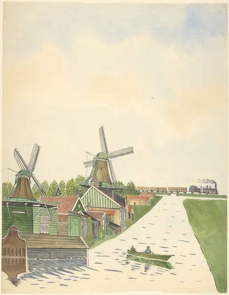 molens; Langs de Zaan; l. Speelmolentje; r. mosterdmolen De Huisman av Johannes Nicolaas Eijman