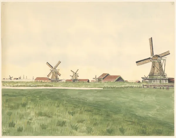molens; oliemolen De Prolpot, aan de Kalverringdijk, verbrand 1917. Met andere molens. Links op de ahctergrond scheepsmasten av Johannes Nicolaas Eijman