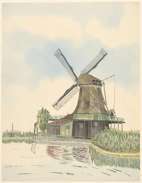 molens; oliemolen De Wind, Kalverringdijk, verbrand 1914, geheel links een fabriek met schoorsteen av Johannes Nicolaas Eijman