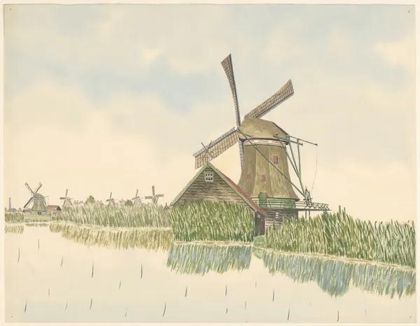 molens; oliemolen Het Zwarte-Kalf, aan de Kalverpoel, met l. op de achtergrond vijf andere molens av Johannes Nicolaas Eijman