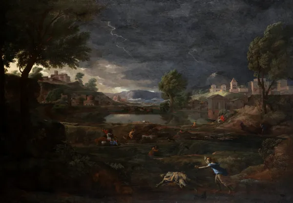 Landscape during a Thunderstorm with Pyramus and Thisbe av Nicolas Poussin