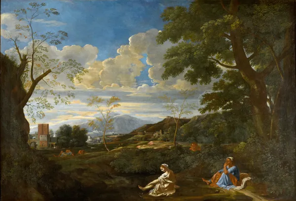 Paysage avec la femme qui se lave les pieds av Nicolas Poussin
