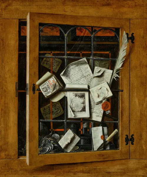 A trompe l’oeil of an open glazed cupboard door, with letters, writing implements and silver and gold coins av Cornelis Norbertus Gijsbrechts
