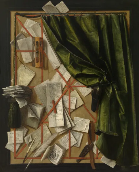 Trompe l’oeil; Letter Rack with an Hourglass, Razor and Scissors av Cornelis Norbertus Gijsbrechts