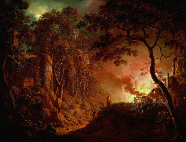 Cottage on Fire av Joseph Wright of Derby