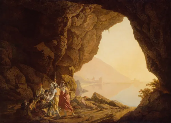 Grotto by the Seaside in the Kingdom of Naples with Banditti, Sunset av Joseph Wright of Derby