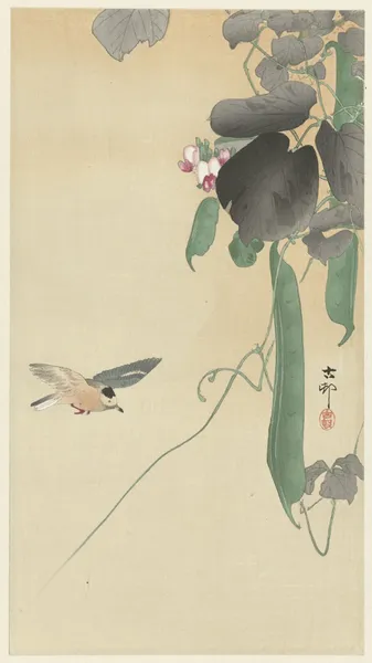 Bird at flowering bean plant av Ohara Koson