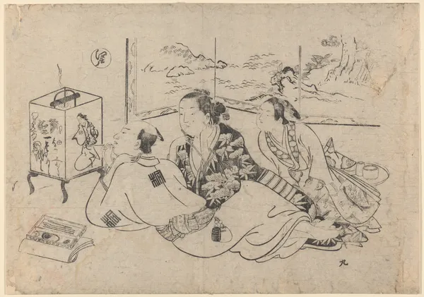 Artist Painting Brazier Cover (two women watching) (18th century) av Okumura Masanobu