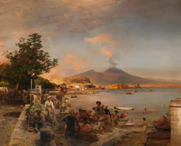 Marktszene bei Neapel mit Blick auf den Vesuv av Oswald Achenbach