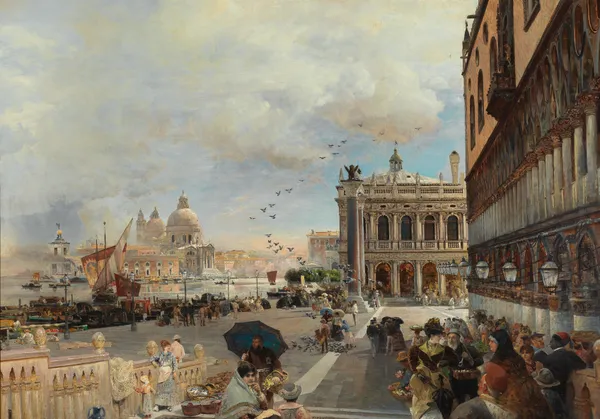Venice, A View Of The Piazzetta, With The Biblioteca Marciana, Santa Maria Della Salute And The Dogana av Oswald Achenbach