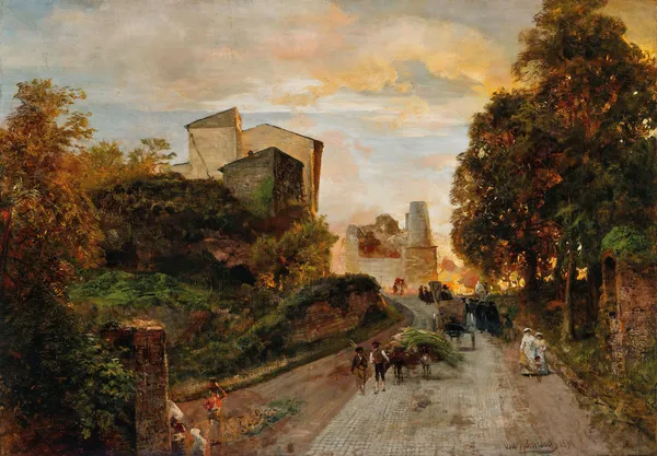 Village street at sunset av Oswald Achenbach