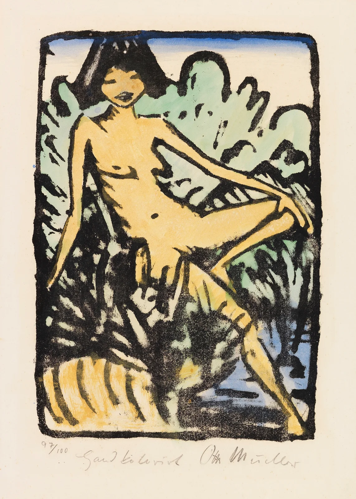 Am Ufer sitzendes Mädchen (Sitzendes Mädchen in Landschaft) av Otto Mueller