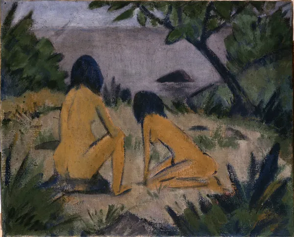 Sitting and Kneeling Figures on the Bank of the Moritzburg Lakes av Otto Mueller