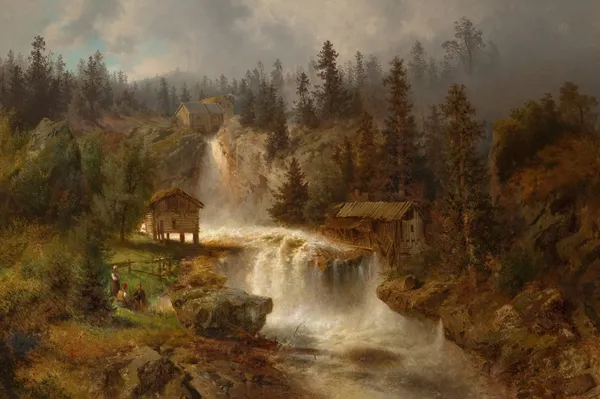 Figures Before a Mill in a Mountainous River Landscape (At the Mill Falls) av Hermann Ottomar Herzog