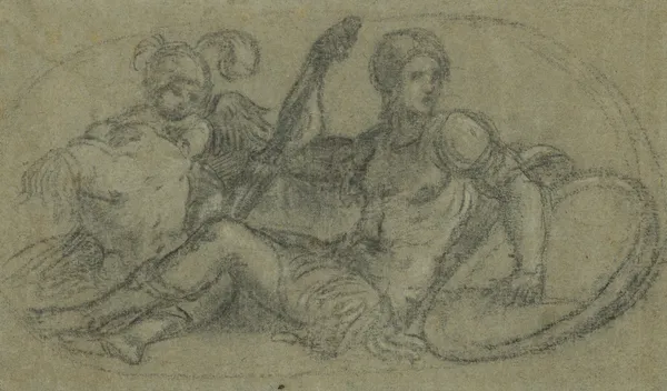 Seated Male Figure with Putto and Armor av Paris Bordone