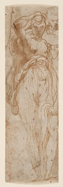 Stehende Frau von vorn, die Rechte zum Kopf führend, rechts hinter ihr eine zweite Figur av Parmigianino