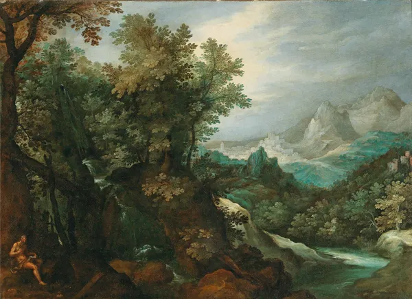 A mountainous river landscape with a hermit av Paul Bril