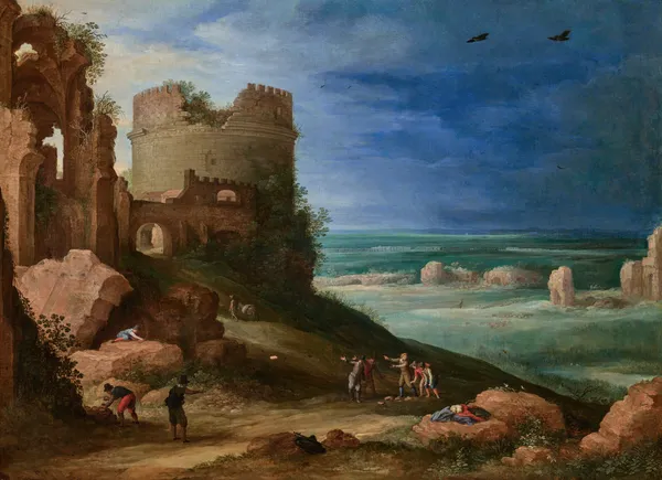 Capriccio of the Via Appia Antica, near Rome, with the tomb of Cecilia Metella and the Claudian Aqueduct av Paul Bril