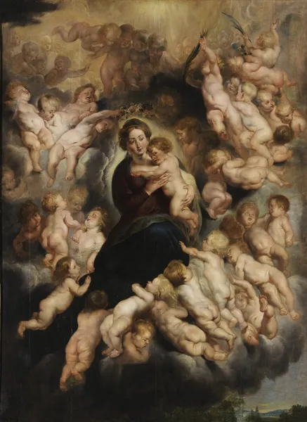 Maria mit Kind im Engelskranz av Follower of Peter Paul Rubens