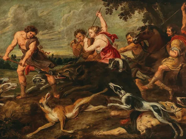Meleager and Atalante hunting the Calydonian boar av Follower of Peter Paul Rubens
