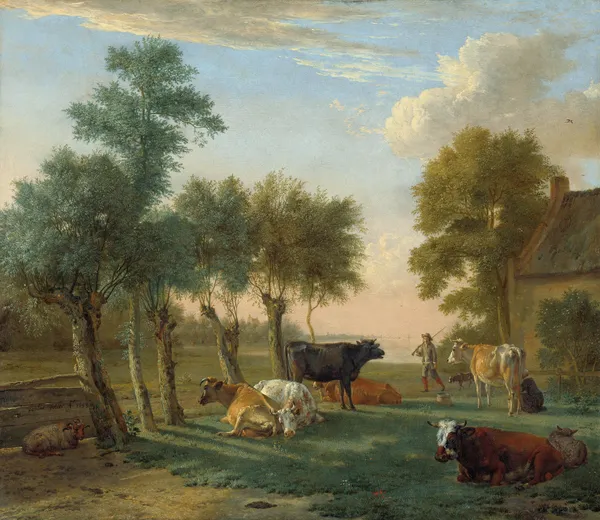 Cows in a Meadow near a Farm av Paulus Potter