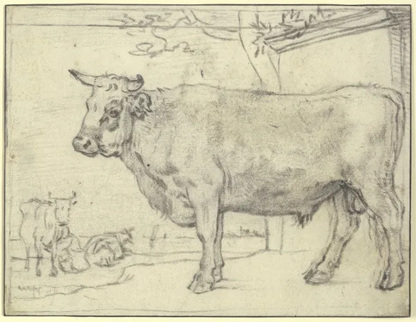 Stier nach links, hinten zwei Kühe und eine Melkerin av Paulus Potter