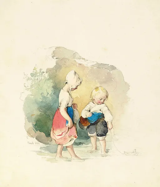 Children paddling by the rocks av Peter Fendi