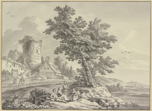 Flusslandschaft, links ein Bauernhaus an dem Turm einer Stadtmauer, in der Bildmitte rasten vier Personen an einem Baum av Jacob Philipp Hackert