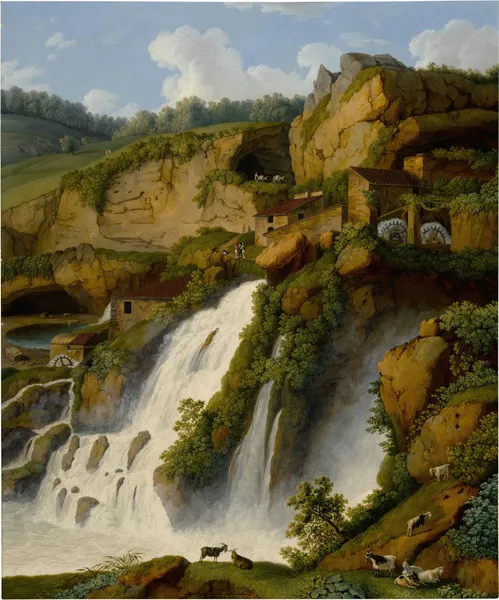 View of the Waterfall at Anitrella with Goats grazing nearby av Jacob Philipp Hackert