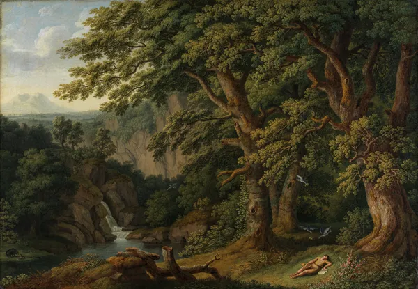 Waldlandschaft mit dem schlafenden, von Tauben behüteten Knaben Horaz av Jacob Philipp Hackert