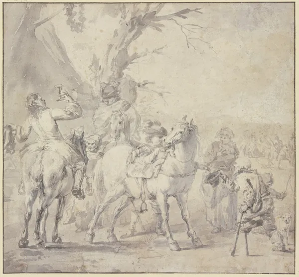 Reiter erquicken sich vor einer Wirtschaft, rechts ein Bettler mit Stelzfuß av Philips Wouwerman