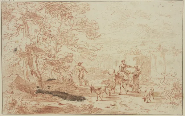 Am Saum eines Waldes lagern Jäger, dabei ein Hirte und eine Hirtin auf einem Esel mit zwei Schafen und einer Ziege av Nicolaes Pietersz. Berchem