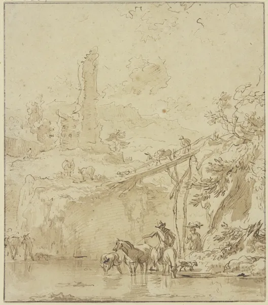 Burgruine, rechts ein hoher Steg, ein Bauer tränkt seine Pferde av Nicolaes Pietersz. Berchem