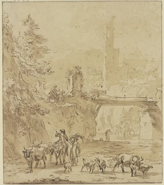 Burgruine, über dem Wasser ein Steg im Vordergrund, Hirte zu Esel und Hirten zu Fuß mit Vieh av Nicolaes Pietersz. Berchem
