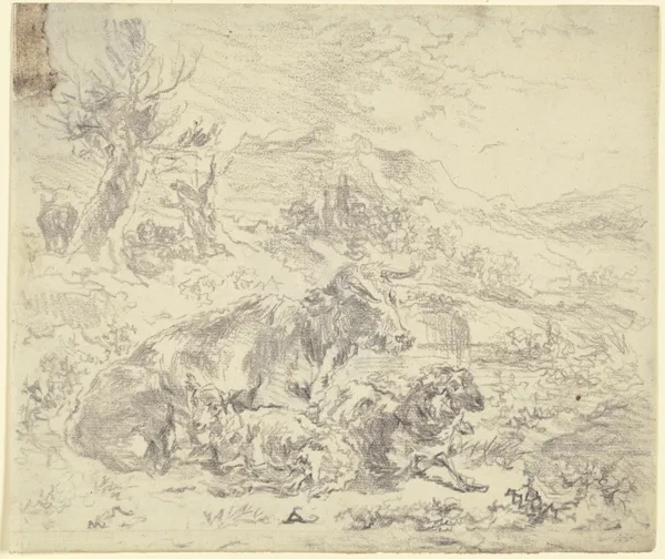 Eine Kuh, eine Ziege und ein Schaf beieinander in einer bergigen Landschaft liegend av Nicolaes Pietersz. Berchem