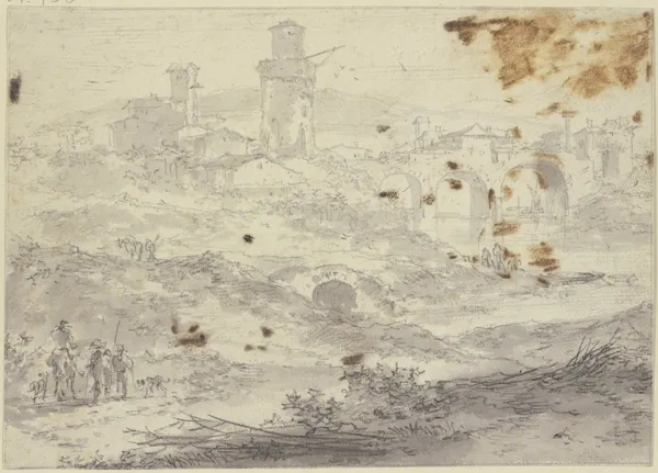 Landschaft mit einer Stadt und einer großen Brücke mit drei Bögen, vorne links drei Figuren av Nicolaes Pietersz. Berchem
