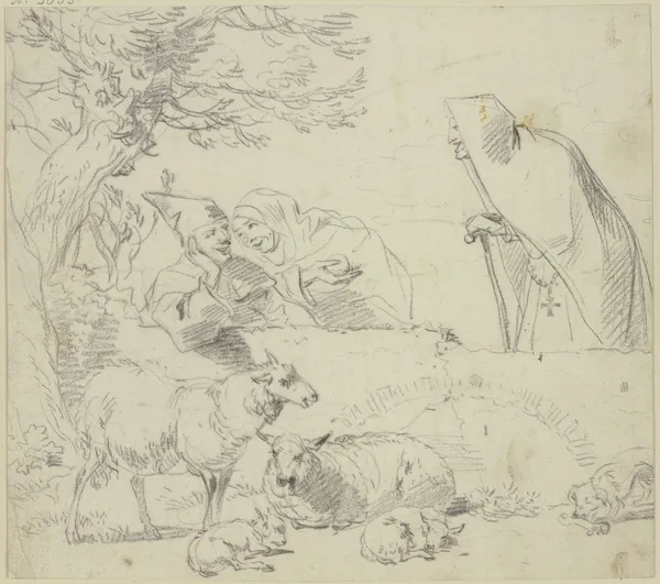 Zwei Nonnen bei einem Hirten, dabei zwei alte und zwei junge Schafe und ein Hund av Nicolaes Pietersz. Berchem