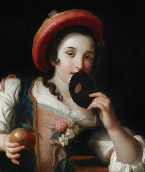 A young woman holding a mask and a pomegranate av Pietro Rotari