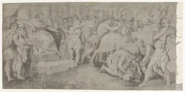 En hvid tyr ofres foran en hersker av Raphael