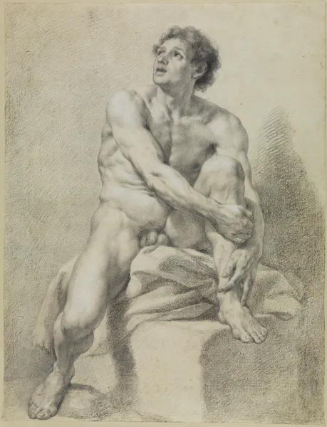 Sitzender männlicher Akt, etwa frontal, das linke Bein hochgestellt und mit beiden Händen gehalten av Anton Raphael Mengs
